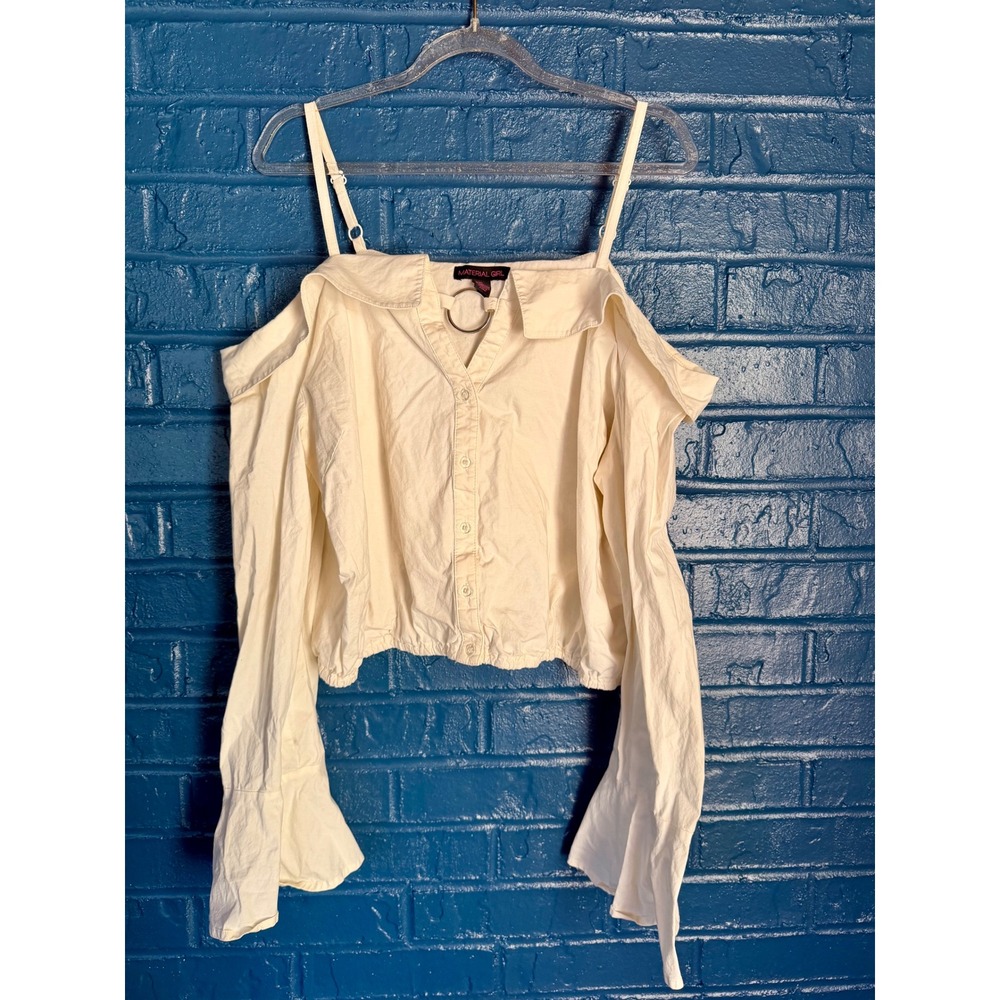 Material Girl Ivory Cold‎ Shoulder O-Ring Button Down Crop Top Bell Sleeve XL